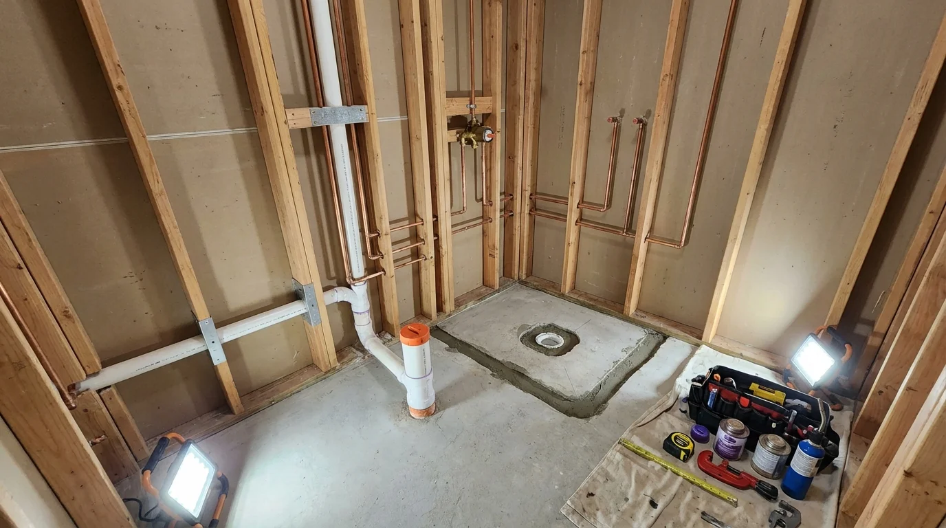 Bathroom rough-in plumbing during remodel by Johns Plumbing LLC in Cressona