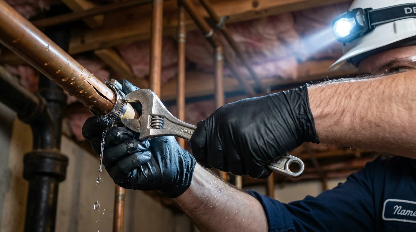 Emergency pipe clamp repair being performed by a Johns Plumbing LLC plumber in Cressona