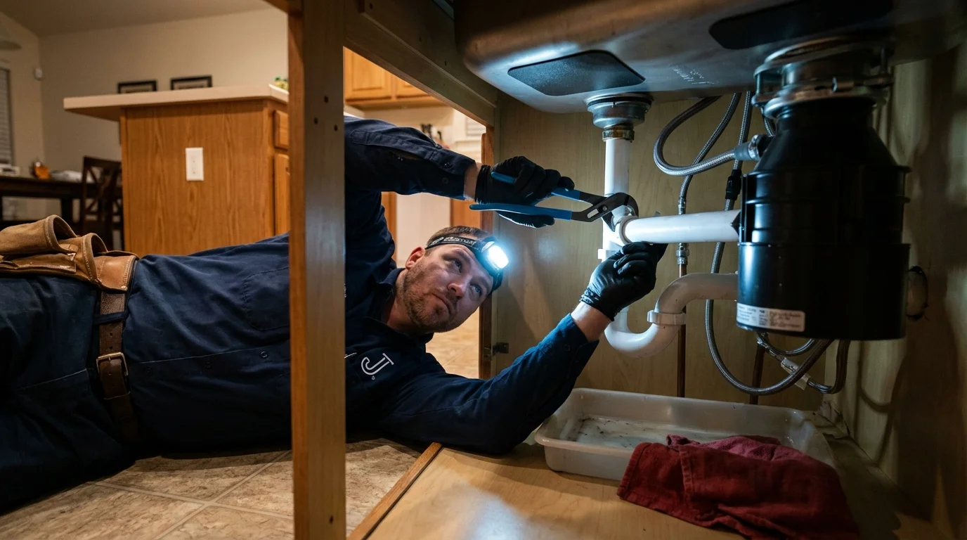 P-trap and supply line connections under a kitchen sink showing a common leak point in Cressona, PA